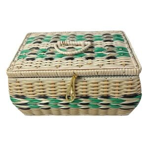 Vintage Green & Cream Woven Plastic Wicker Sewing Basket 10" x 7" x 5.5"